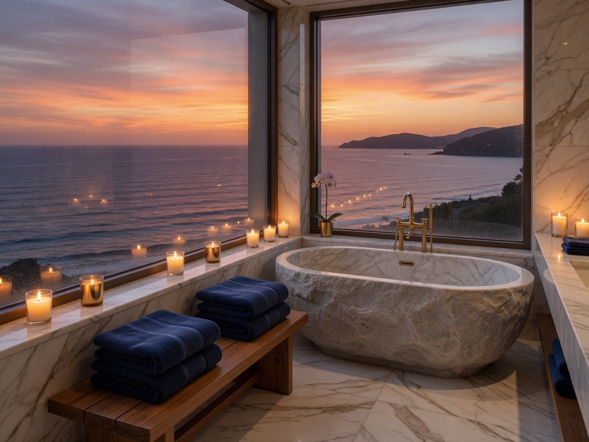 Marble soaking tub overlooking a coastal sunset