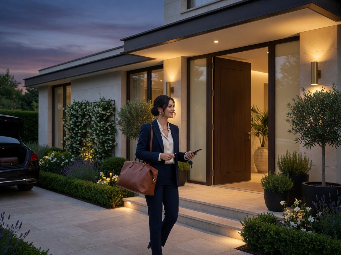 A professionally dressed business traveler arriving at a luxury home at dusk