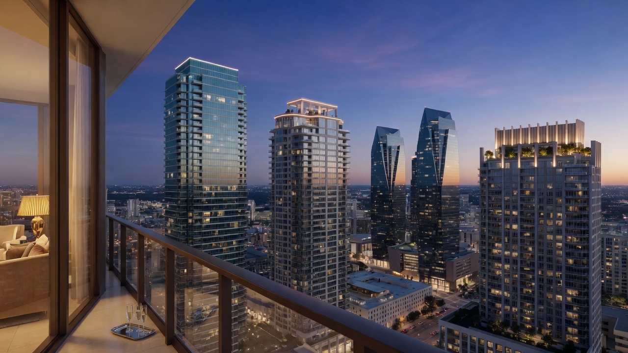 Blue-hour city skyline viewed from a luxury high-rise balcony