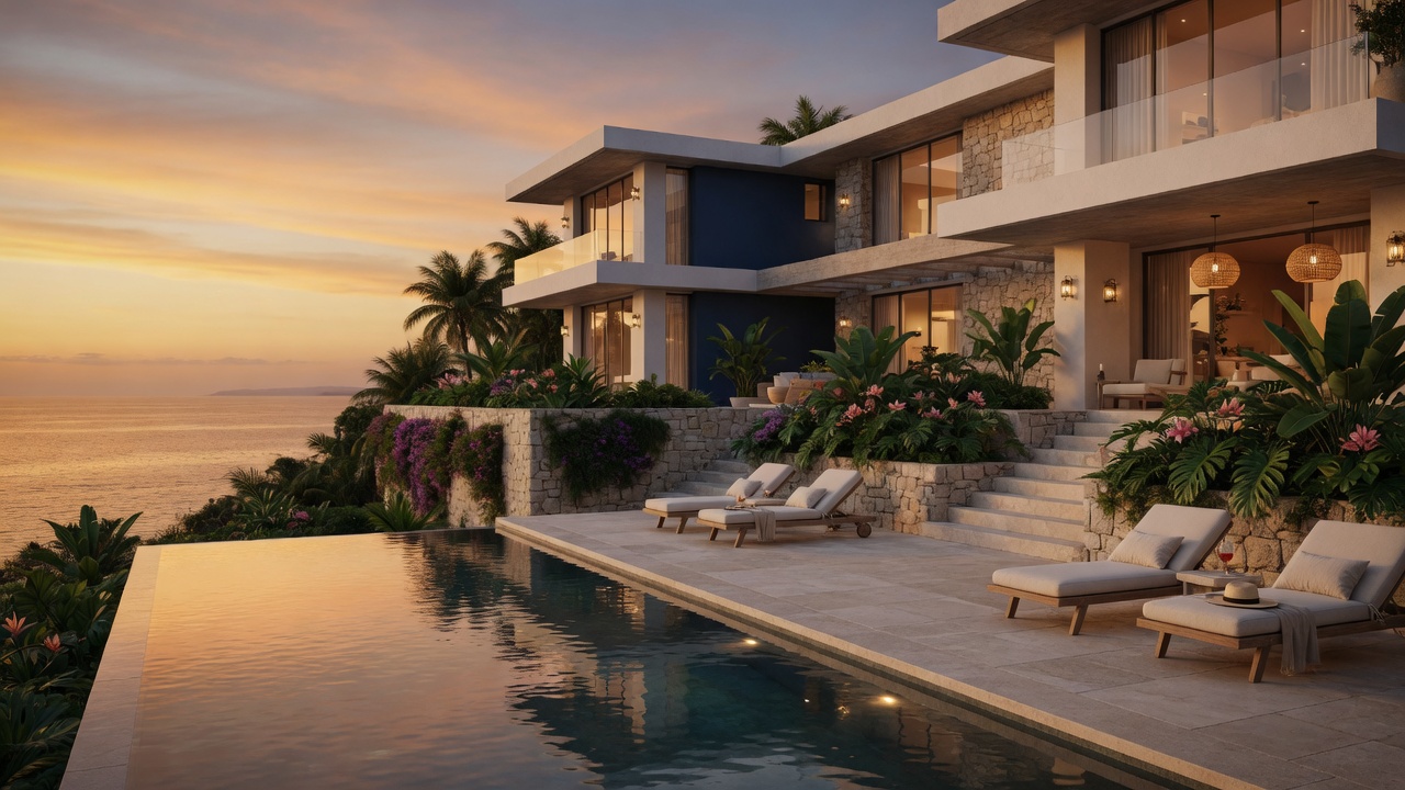 Luxury cliffside villa with an infinity pool at sunset overlooking the ocean