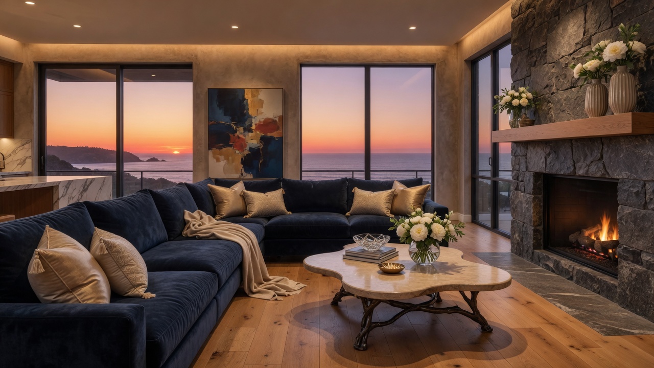 Navy and gold living room overlooking a coastal sunset