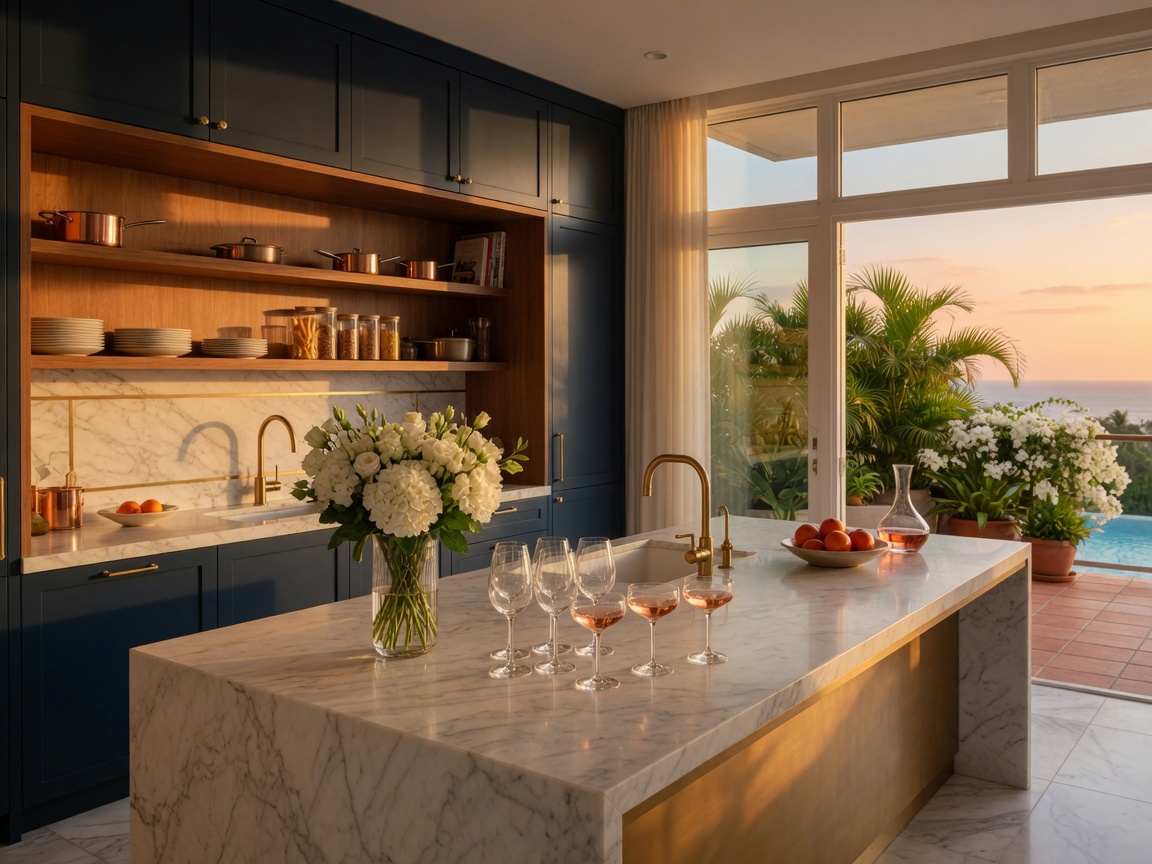 Navy and marble gourmet kitchen opening to a tropical terrace
