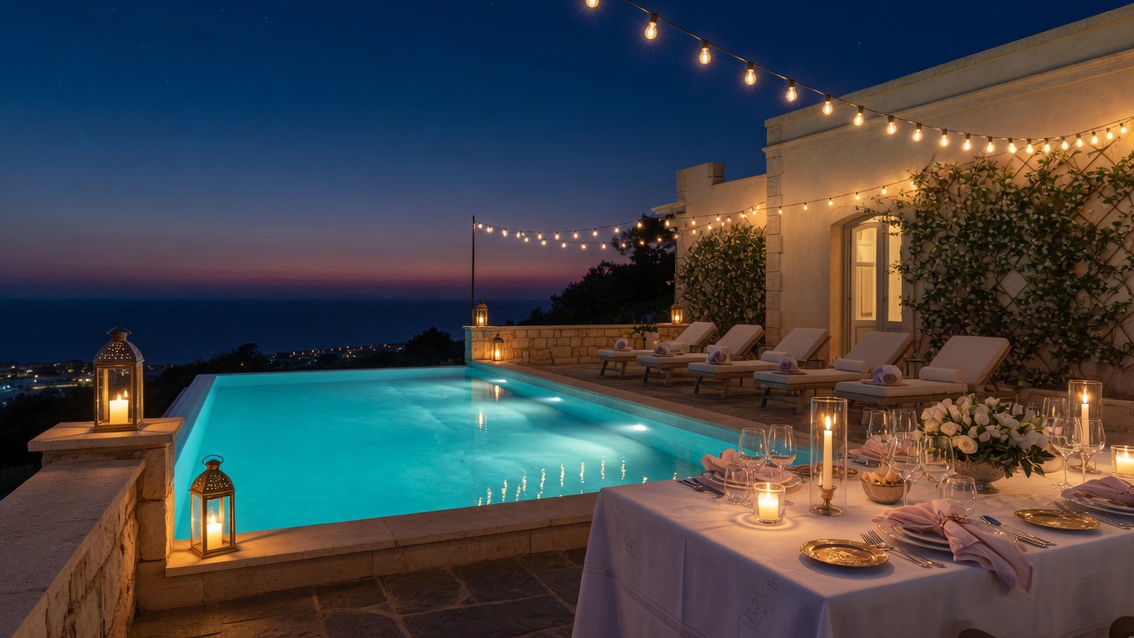 Twilight pool terrace with lanterns and an evening table setting
