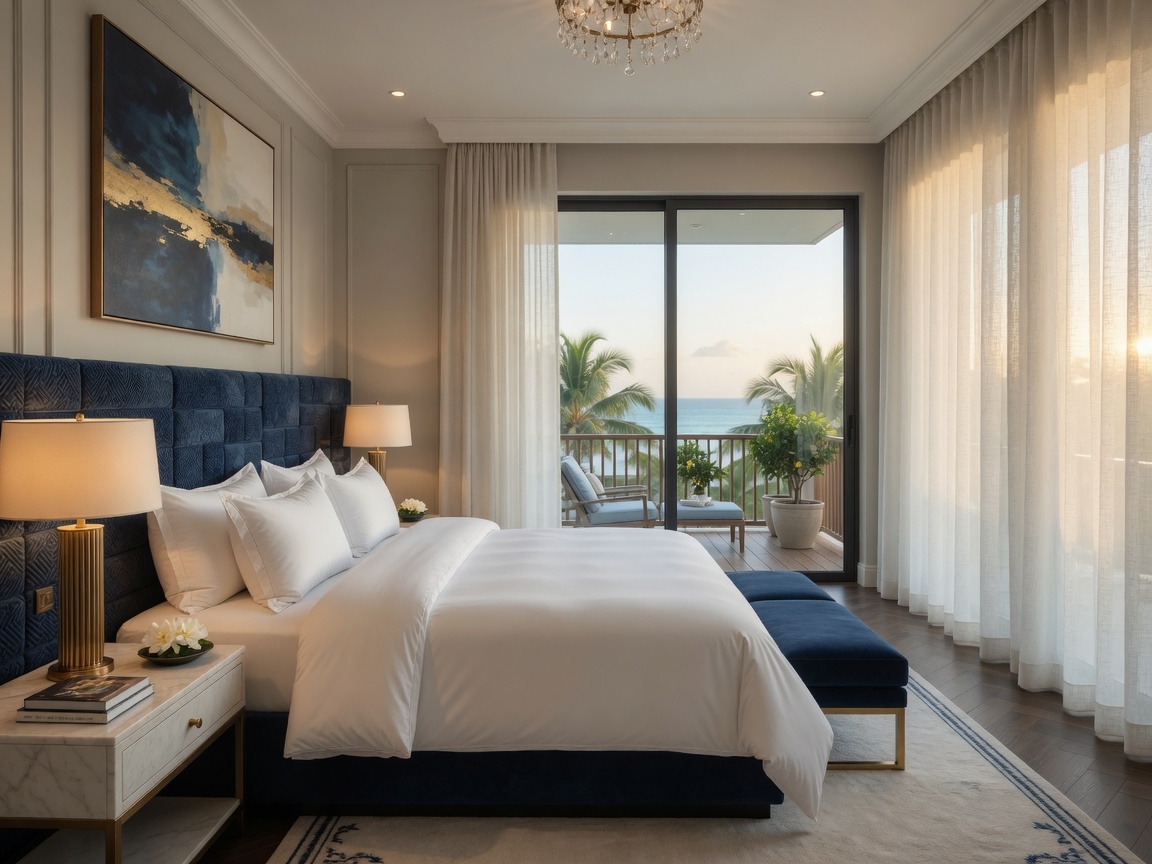 Master suite with navy headboard and ocean balcony